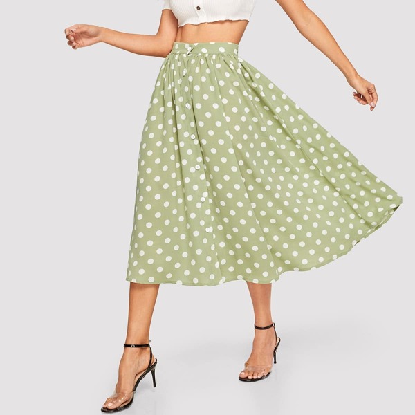 

Button Up Polka Dot Swing Skirt, Green pastel