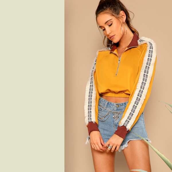 

Frayed Embroidered Tape Detail Zip Front Pullover