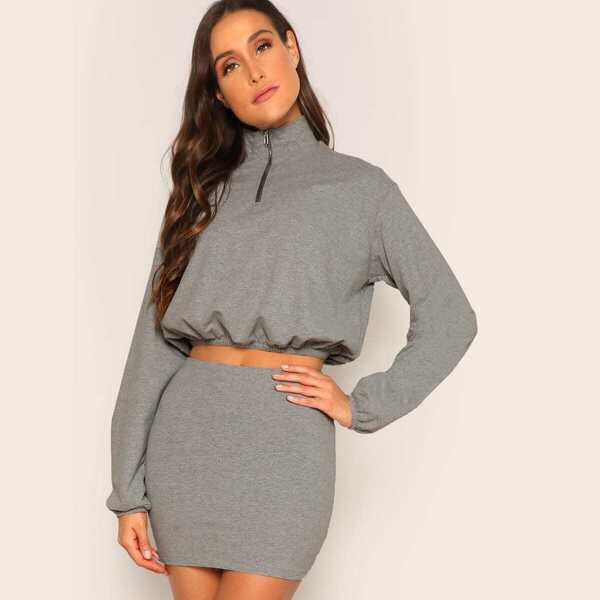

Zip Front Elastic Hem Pullover & Bodycon Skirt Set