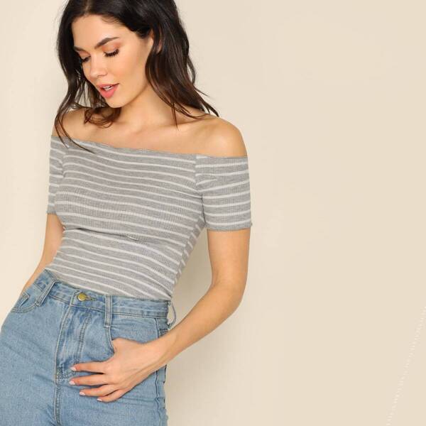 

Off Shoulder Rib-knit Striped Tee, Grey
