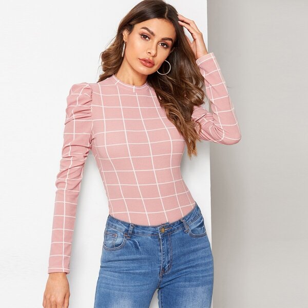 

Puff Sleeve Grid Slim Top, Pink pastel