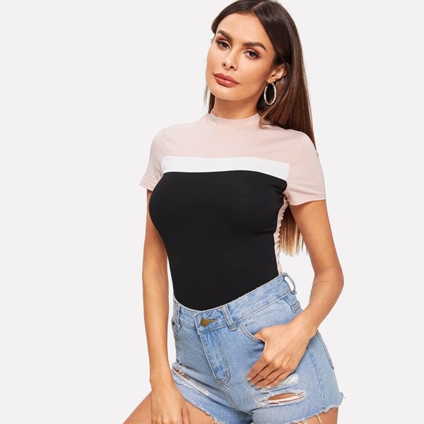 

Mock-neck Color Block Tee, Multicolor