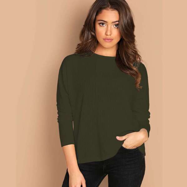 

Rib-knit Dolman Sleeve Tee, Army green
