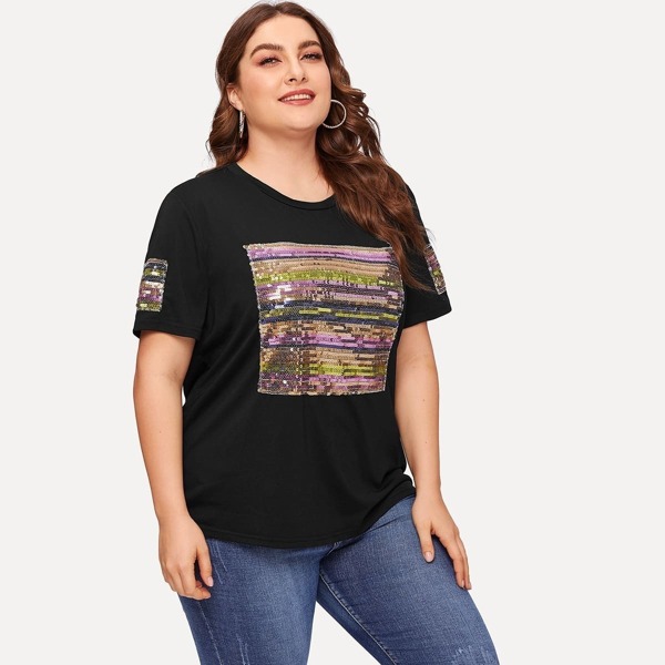 

Plus Contrast Striped Sequin Patch T-shirt
