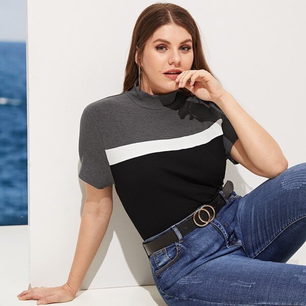 

Plus Color-block Rib-knit Fitted Tee