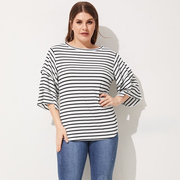 

Plus Layered Sleeve Striped Pullover Tee