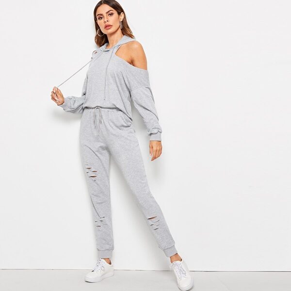 

Asymmetrical Cutout Shoulder Hoodie & Ripped Sweatpants Set