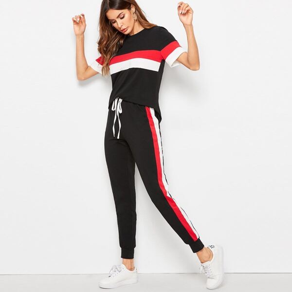 

Striped Tee & Drawstring Waist Sweatpants Set, Black