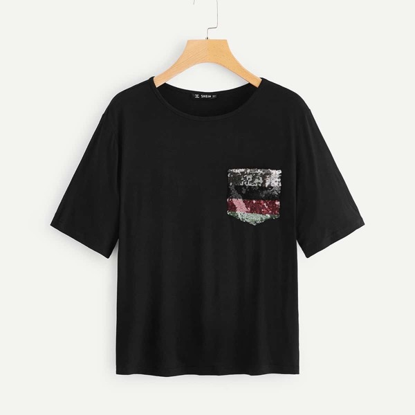 

Striped Sequin Pocket Patched Top