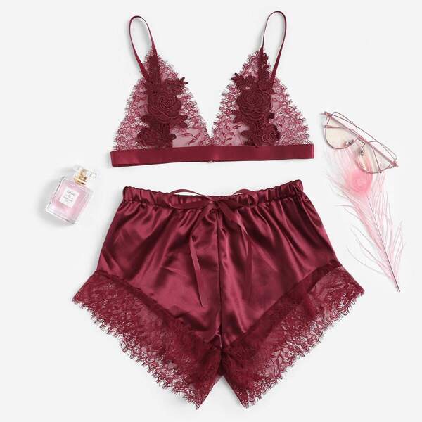 

Appliques Contrast Lace Satin Lingerie Set