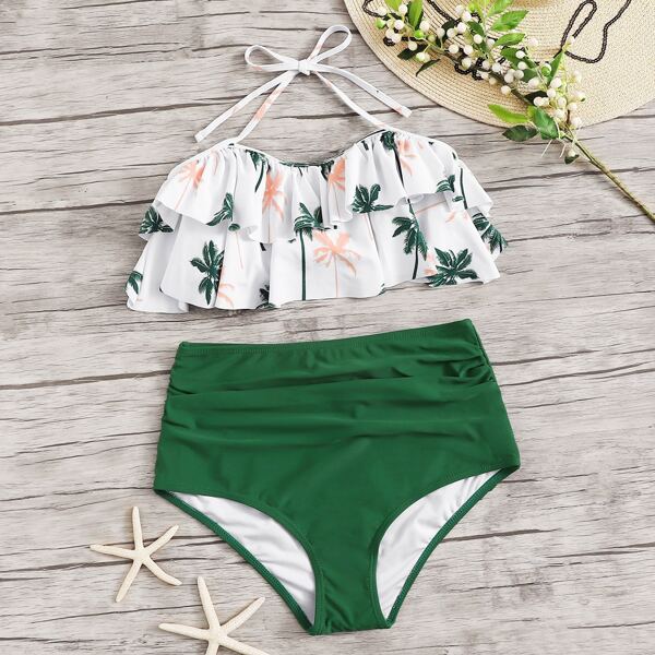 

Random Tropical Ruffle Top With High Waist Bikini, Multicolor