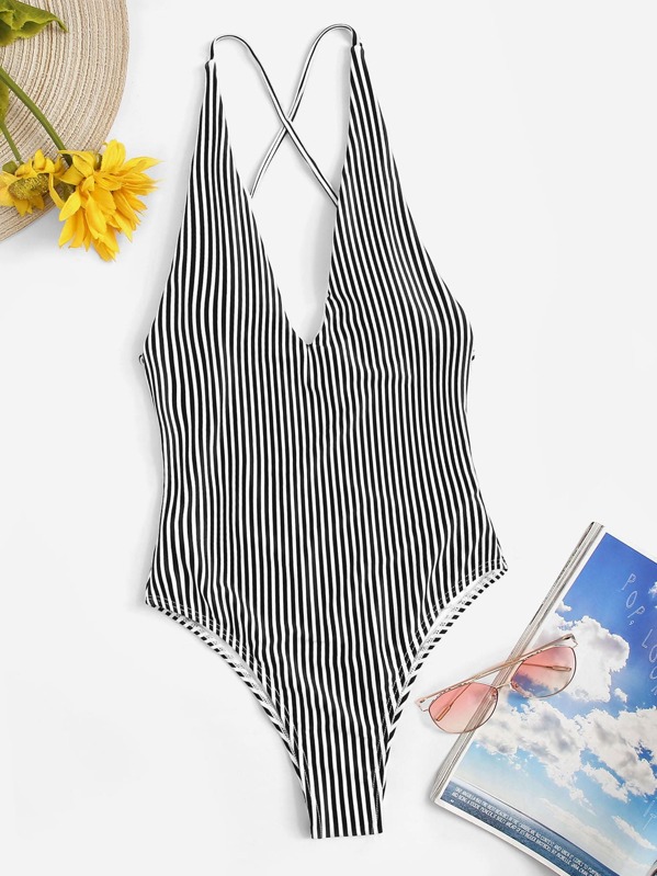 

Criss-cross Striped Backless One Piece Swimsuit, Black and white