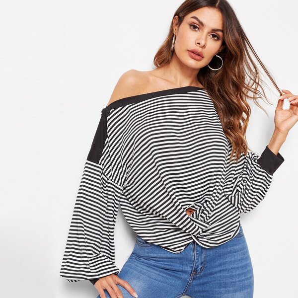 

Drop Shoulder Twist Front Bishop Sleeve Striped Tee