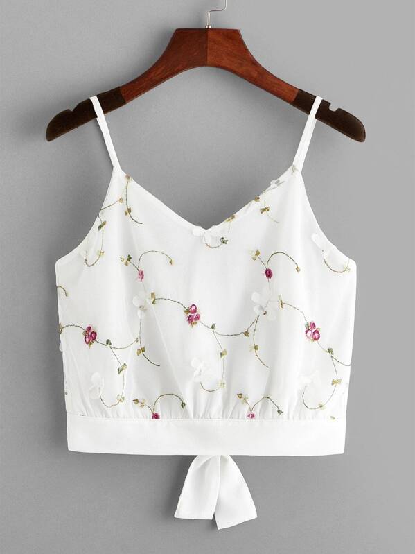 

Mesh Overlay Knot Hem Crop Cami Top, White