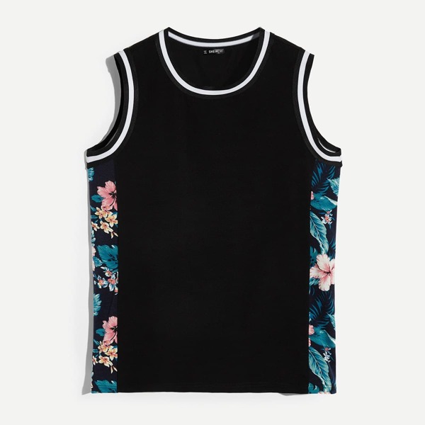 

Men Tropical Contrast Tape Trim Tank Top, Black