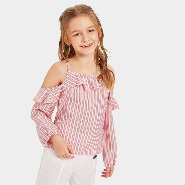 

Girls Open Shoulder Vertical-stripe Ruffle Blouse, Pink