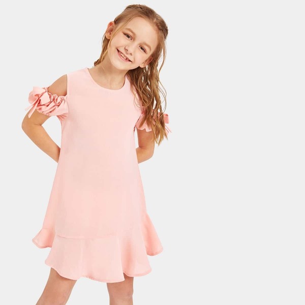 

Girls Open Shoulder Flounce Hem Dress, Pink