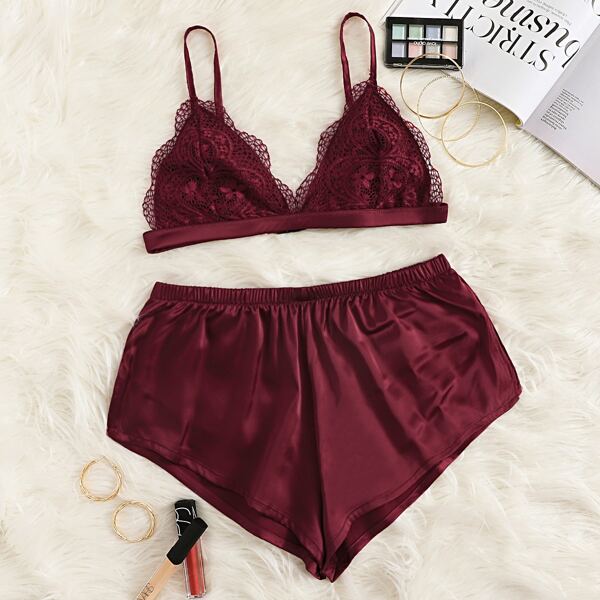 

Contrast Lace Satin Bra With Shorts
