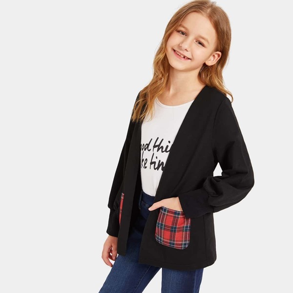 

Girls Plaid Pocket Patched Open Front Coat