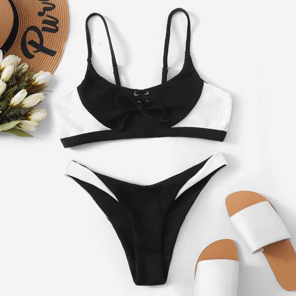 

Two Tone Ribbed Lace-up High Cut Bikini
