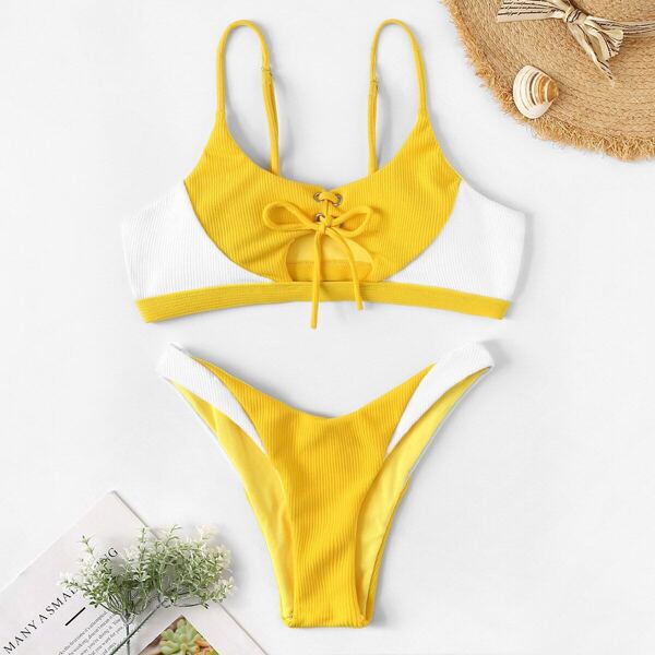 

Two Tone Ribbed Lace-up High Cut Bikini