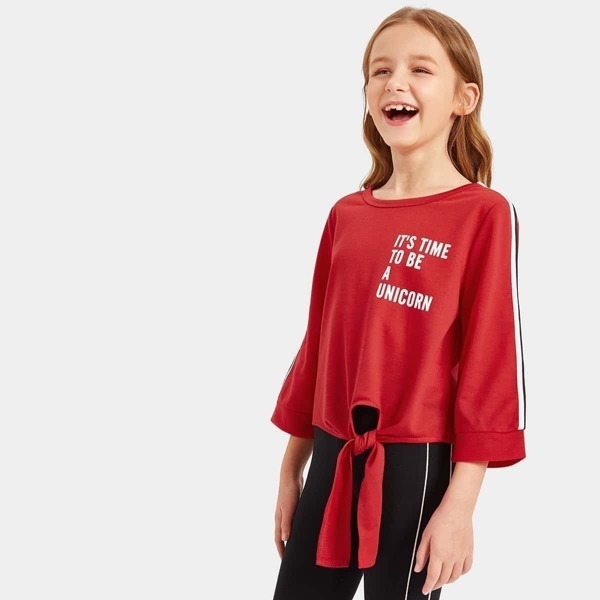 

Girls Striped Sleeve Letter Print Knot Top & Leggings Set