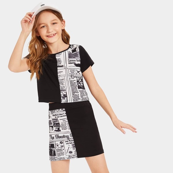 

Girls Newspaper Print Top & Skirt Set