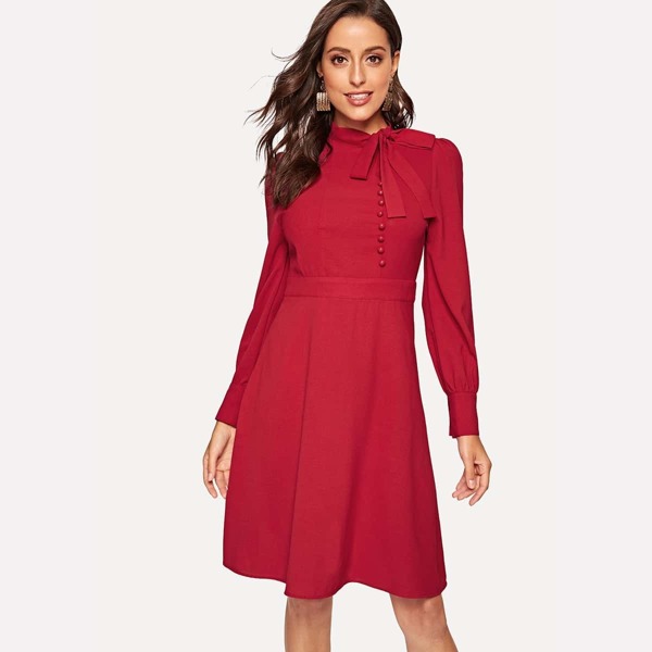 

Tied Neck Buttoned Fit & Flare Dress