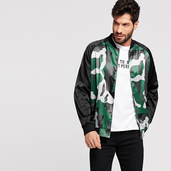 

Men Solid Raglan Sleeve Satin Camo Bomber Jacket, Multicolor
