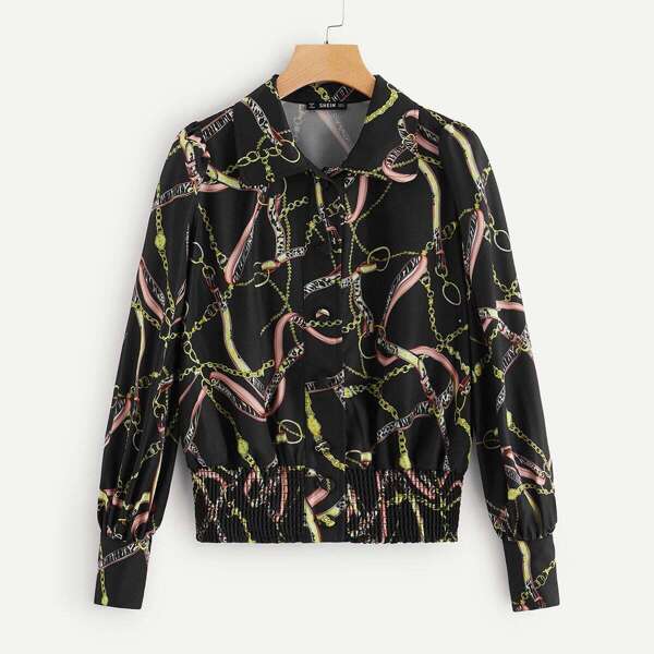 

Chain Print Shirred Hem Button Up Jacket, Multicolor