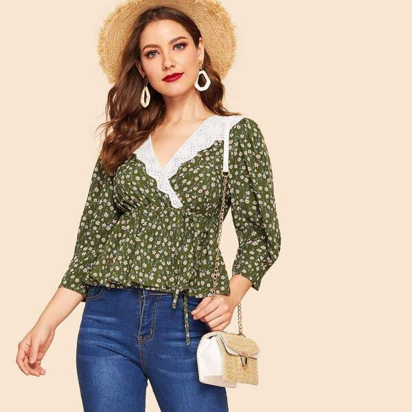 

40s Eyelet Embroidered Collar Floral Wrap Peplum Top