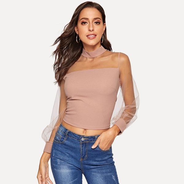 

Mesh Sleeve Mock Neck Top