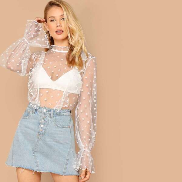 

Sheer Dobby Mesh Ruffle Top Without Bra