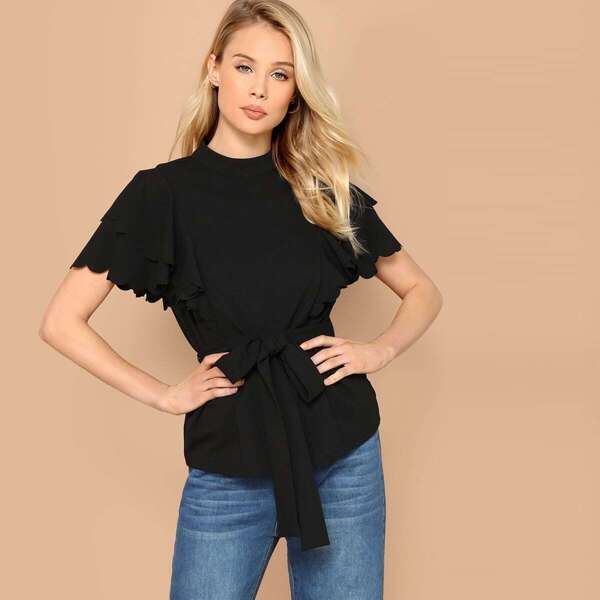 

Tiered Sleeve Self Belted Scallop Top