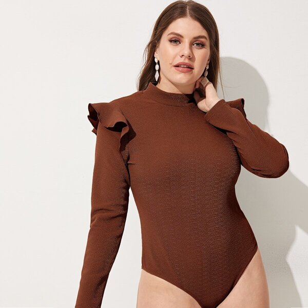 

Plus Mock-neck Ruffle Trim Bodysuit