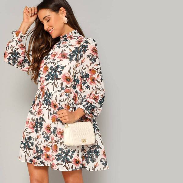 

Shirred Trim Floral Smock Dress, Multicolor