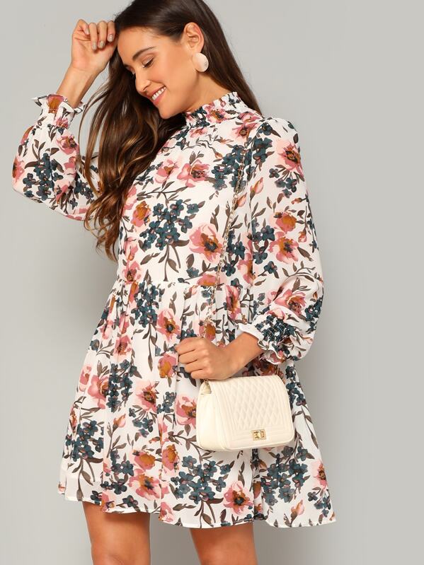 

Shirred Trim Floral Smock Dress, Multicolor, Anna Herrin