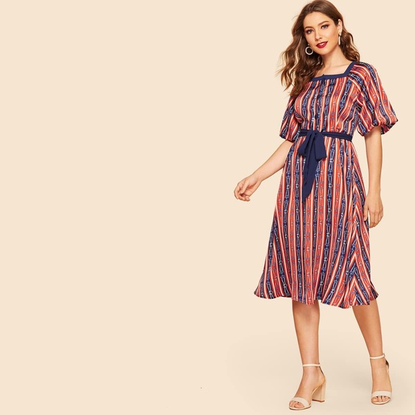 

Chain Print Bishop Sleeve Belted Dress