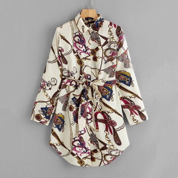 

Chain Print Curved Hem Belt Shirt Dress, Multicolor