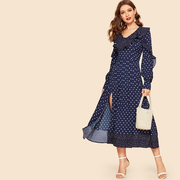 

Ruffle Trim Split Polka Dot Dress