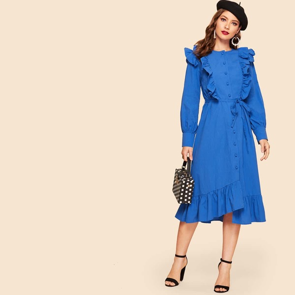 

Button Through Ruffle Trim Belted Asymmetrical Dress