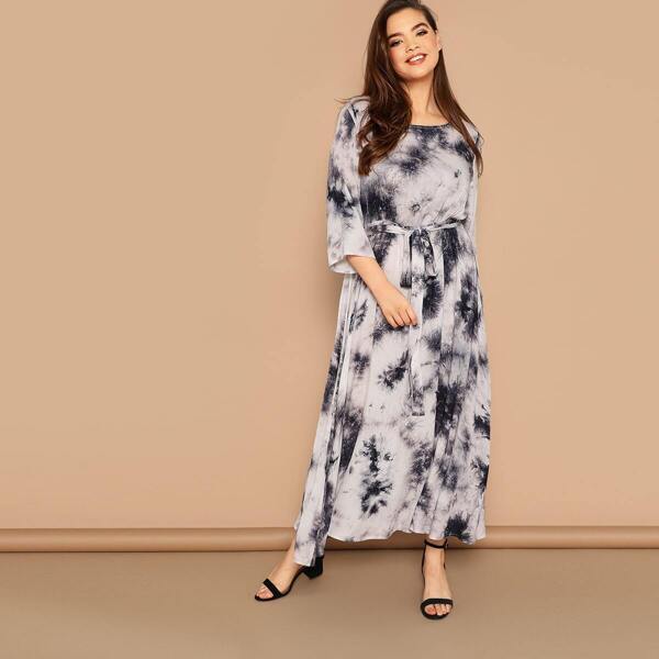 

Plus Tie Dye Belted Dress, Multicolor