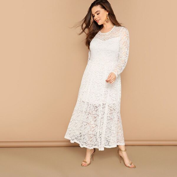 

Plus Floral Lace 2 In 1 Dress, White