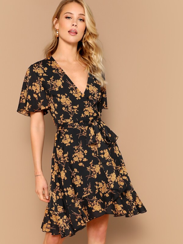 

Surplice Wrap Belted Floral Tea Dress, Multicolor, Allie Leggett