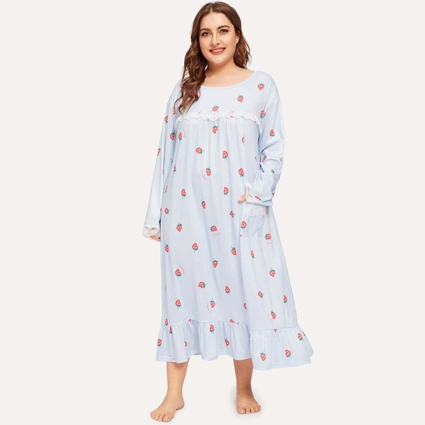 

Plus Contrast Lace Strawberry Print Ruffle Hem Nightdress
