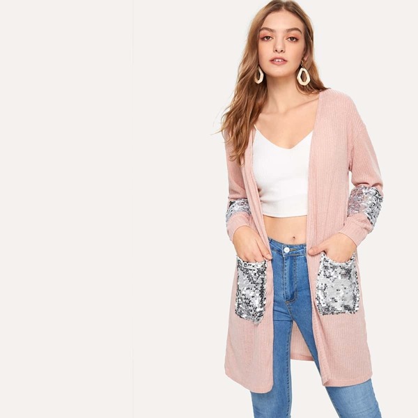 

Open Front Sequin Detail Ribbed Duster Coat, Pink