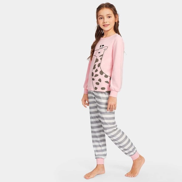 

Girls Giraffe Print Striped Pajama Set