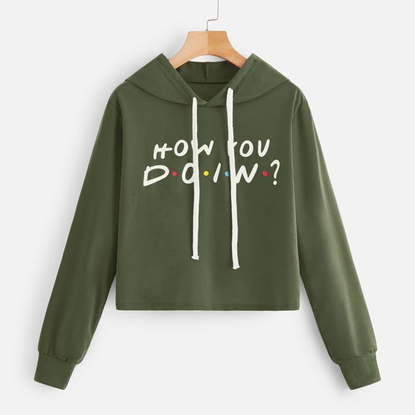

Slogan Graphic Drawstring Detail Hoodie, Army green