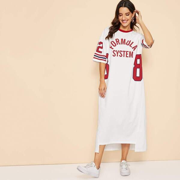 

Letter and Number Print Step Hem Hijab Dress, White