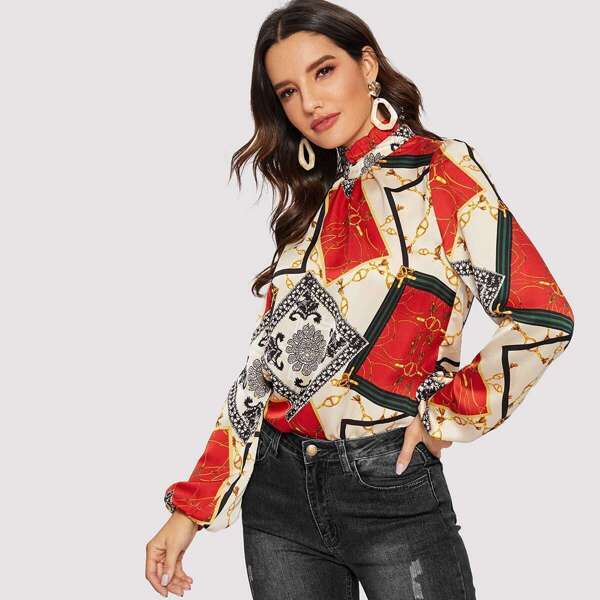 

Frilled Neck Scarf Print Blouse